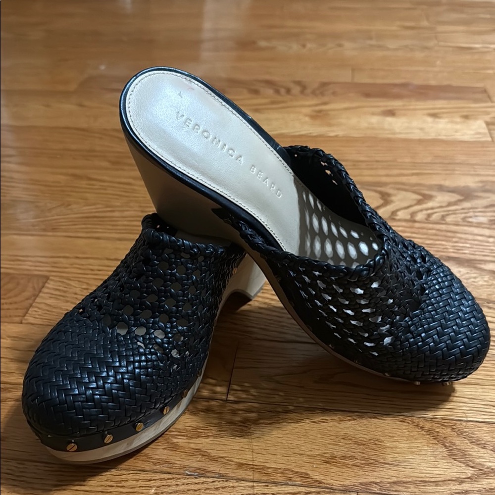 Veronica Beard Black Mules with Woven Design